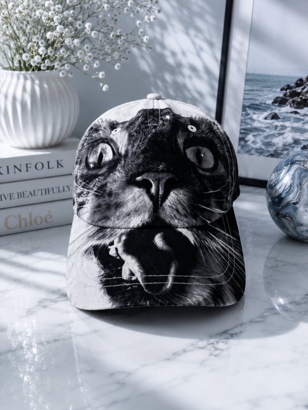 NWT Tory Burch Animal House Monochrome Cat Face Baseball Cap